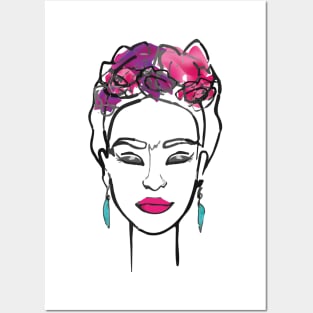 Frida Kahlo famous mexican painter line portrait red lips and roses minimalist decorationfemale painter, mexican art, mexican artist, minimalistic red lips Posters and Art